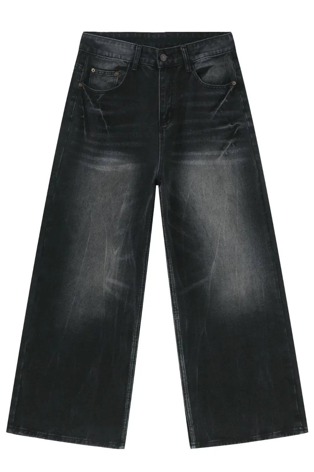 Oversized dark wash denim palazzo trousers with a washed finish and wide leg.