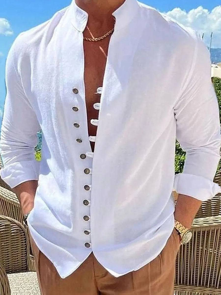White linen shirt with mandarin collar and button placket detail