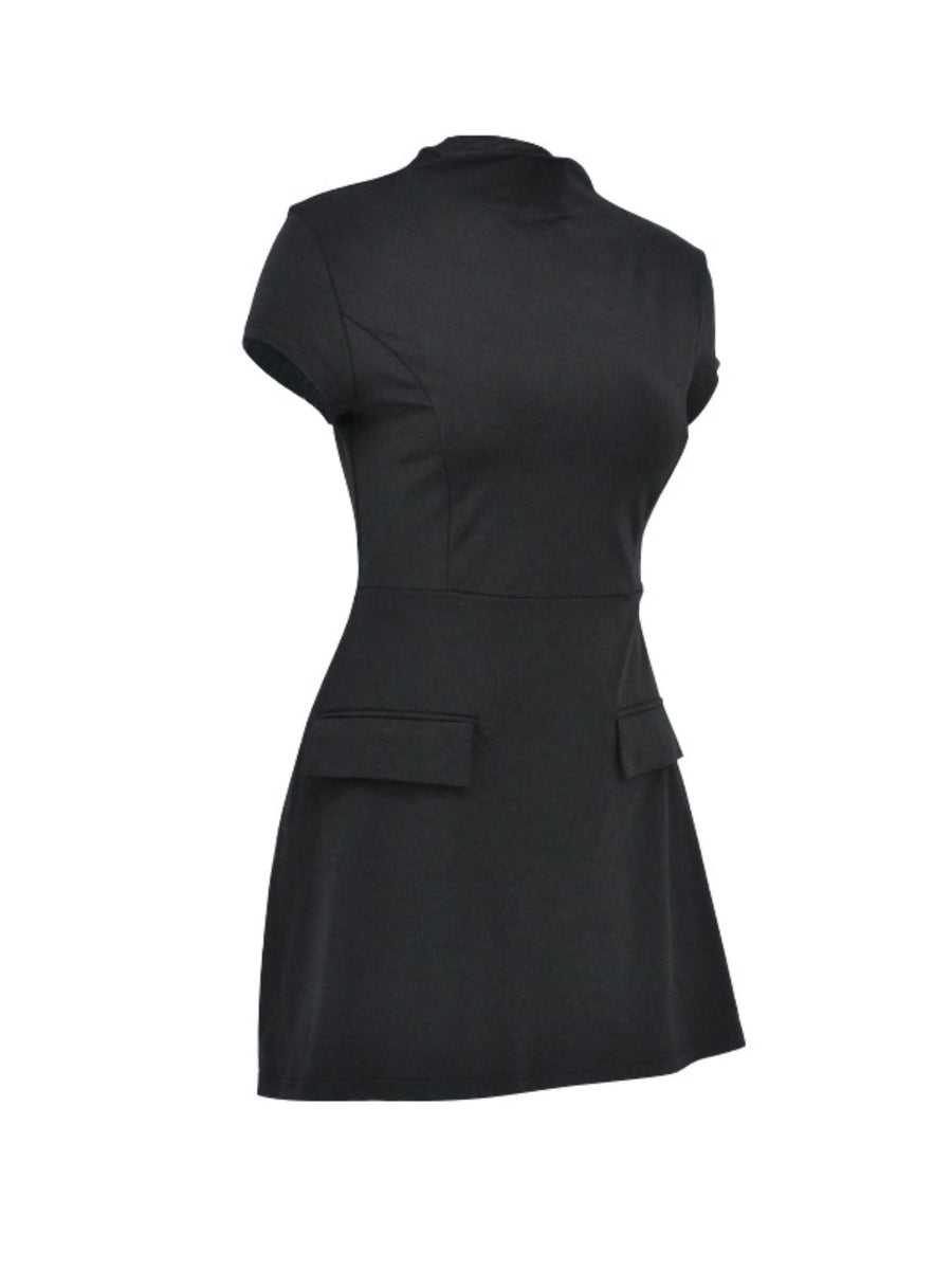 Black mock neck a-line mini dress with cap sleeves and two front flap pockets.
