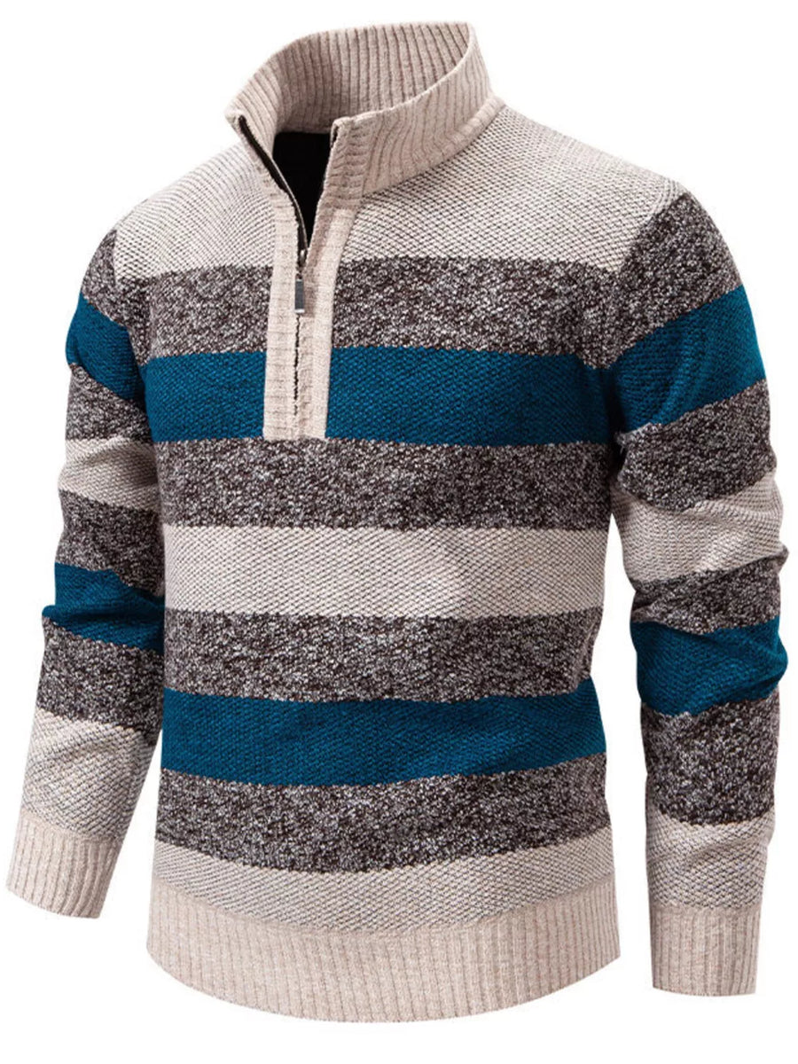 Dark Navy Men's Plus Size Striped Quarter-zip Sweater