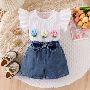 Children's Ruffled Flower Top And Denim Shorts Set option 7