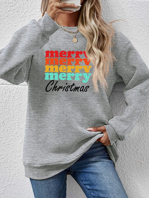 Gray crewneck sweatshirt with retro "Merry Christmas" graphic in red, orange, yellow, and teal.
