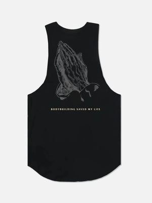 Black muscle tank top with praying hands graphic and text.