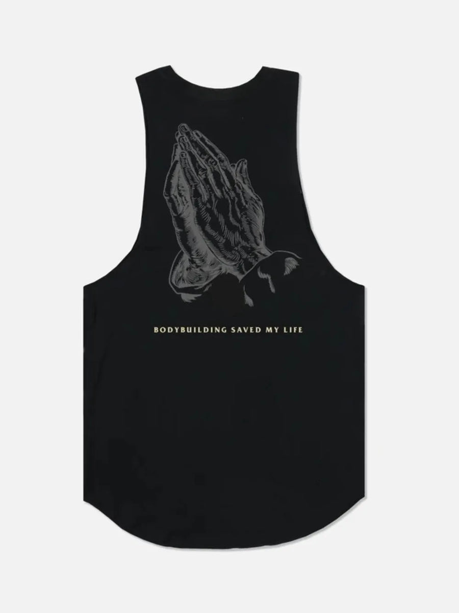 Black muscle tank top with praying hands graphic and text.