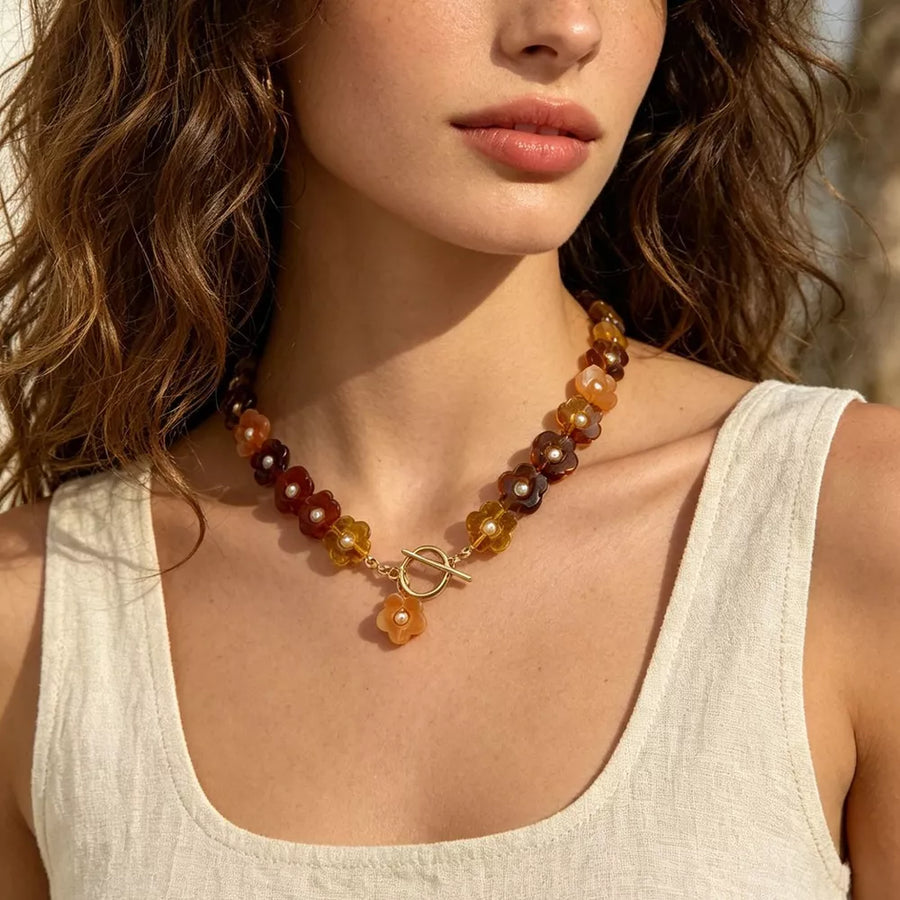 Retro Resin Flower Charm 18k Gold-plated Necklace option 7