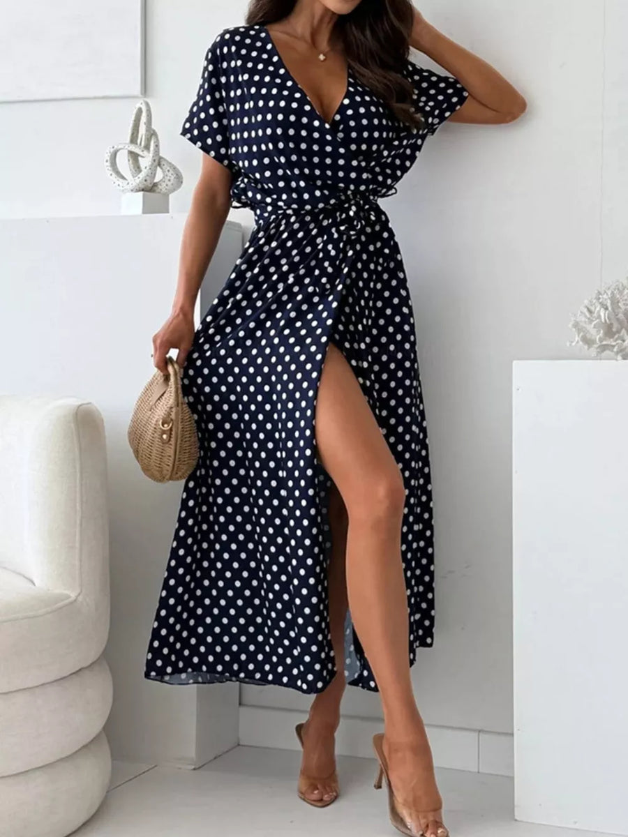 Polka Dot Surplice Maxi Dress With Slit in Dusty Pink, view 11