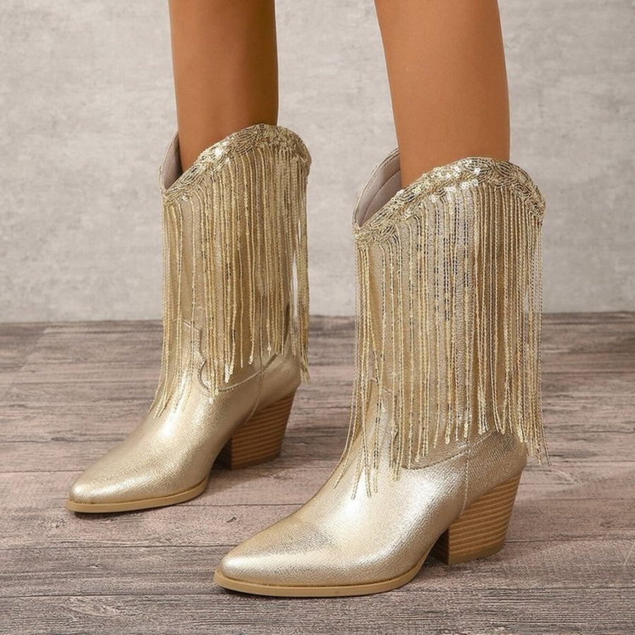 Round Toe Block Heels Boots in Gold with round toe