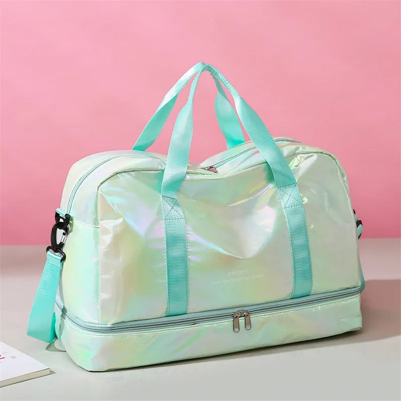 Iridescent duffel bag with separate compartment and teal straps