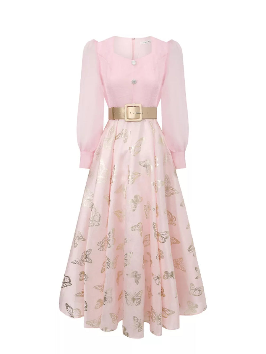 Pink midi dress with butterfly print, sheer sleeves, and cinched waist