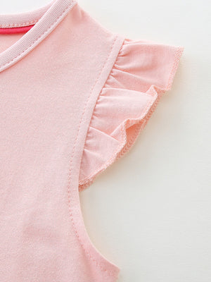 Pink cotton baby dress with ruffled cap sleeves and a pink trim neckline.