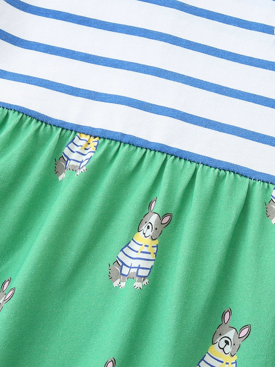 Baby dress with blue and white stripes on top and green skirt with dog print
