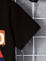 Black graphic tee with orange and white text detail, short sleeves.