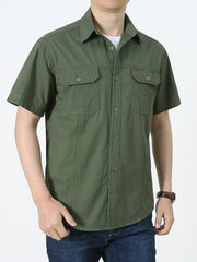 Men's casual short sleeve shirt in Army Green with two chest pockets and button front.