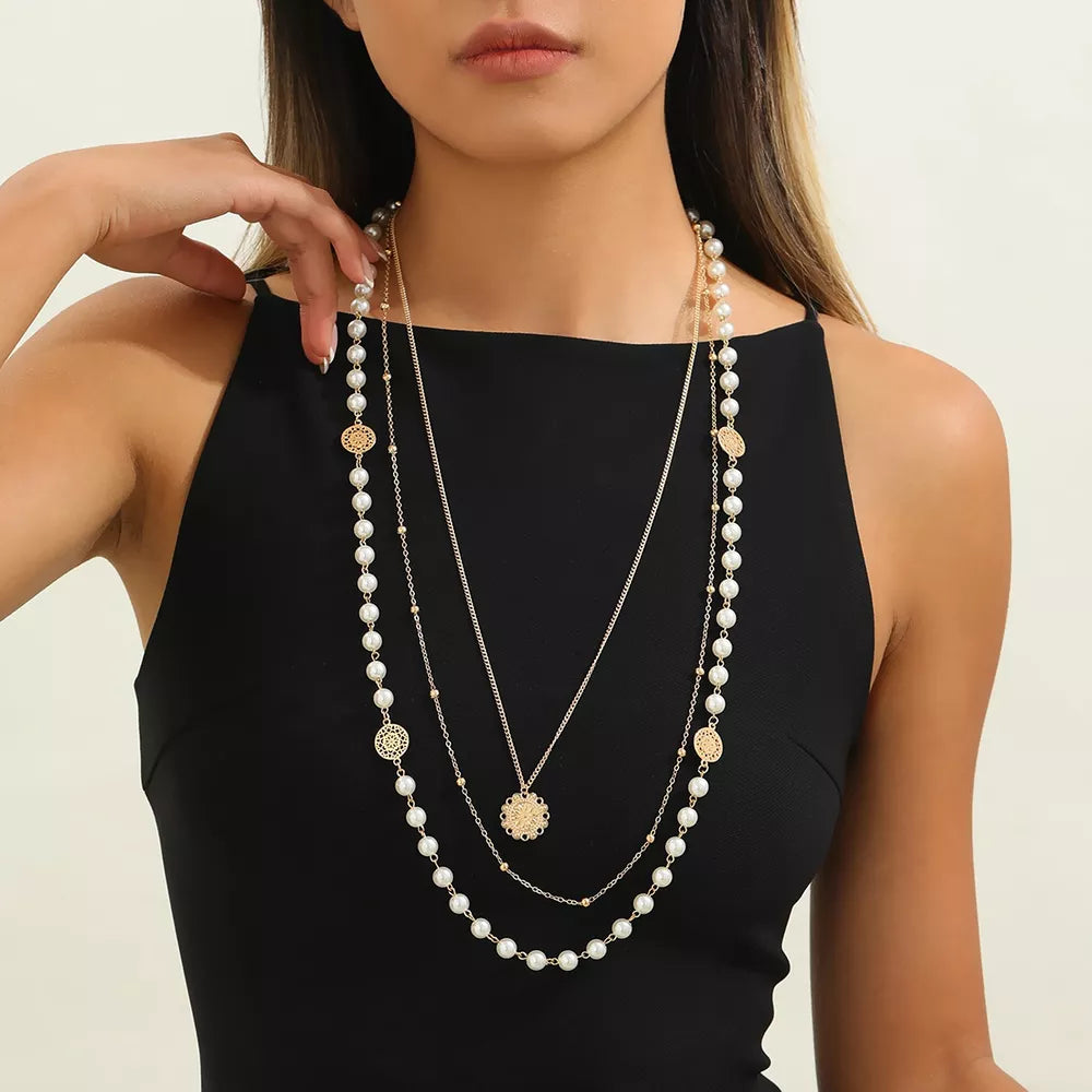 Gold Multi-layered Pearl And 18k Gold-plated Necklace