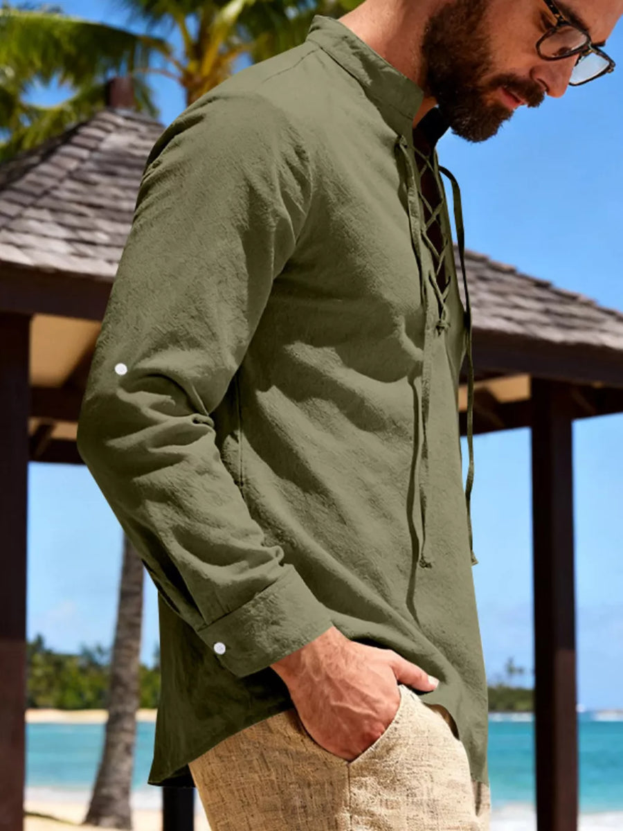 Men's army green lace-up linen shirt with button cuffs