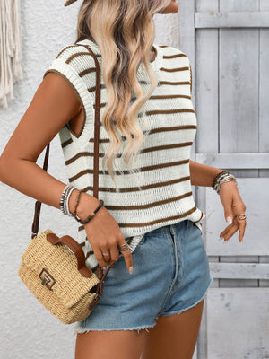 Striped knit sweater vest in brown and white, sleeveless, crewneck, styled with denim shorts.