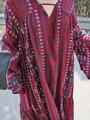 Red with Bohemian Print Midi Dress With Side Slits in Red