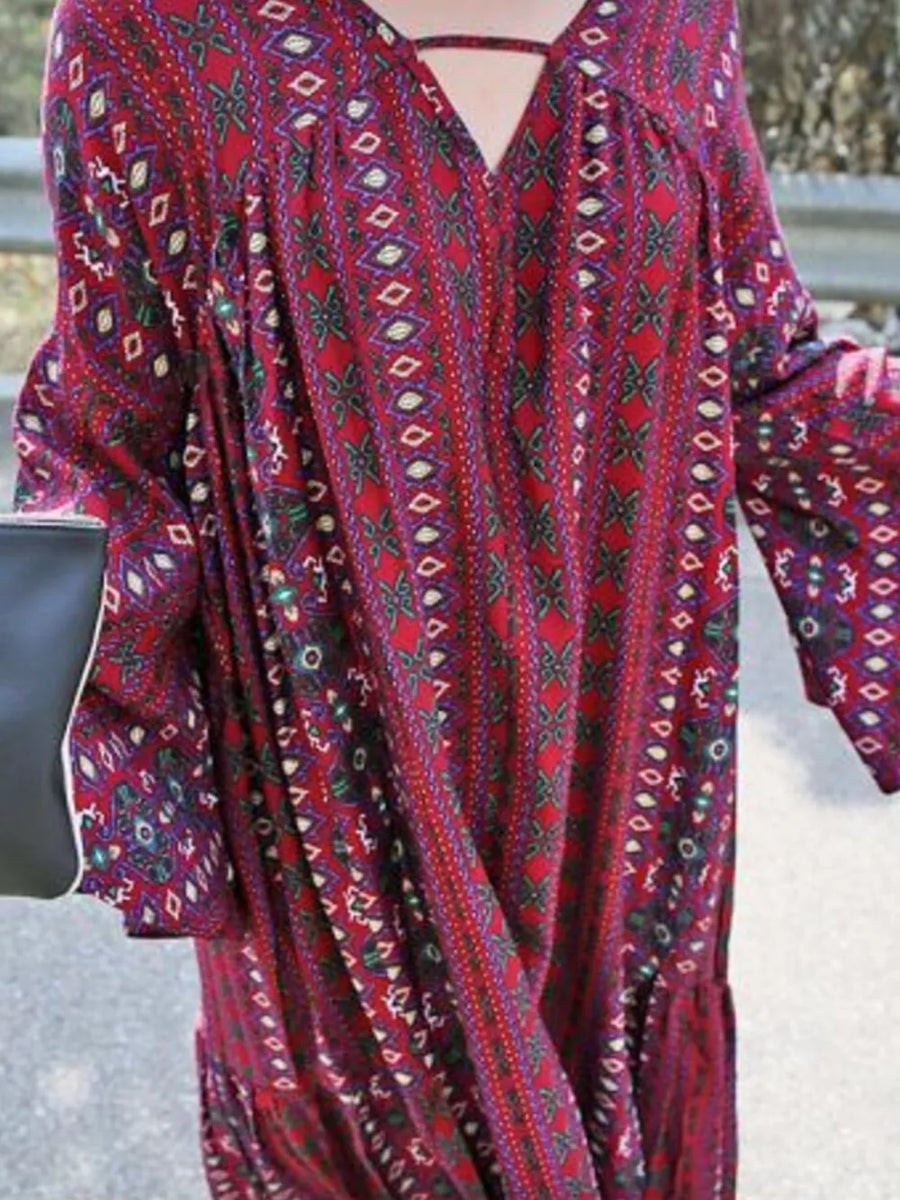 Red with Bohemian Print Midi Dress With Side Slits in Red