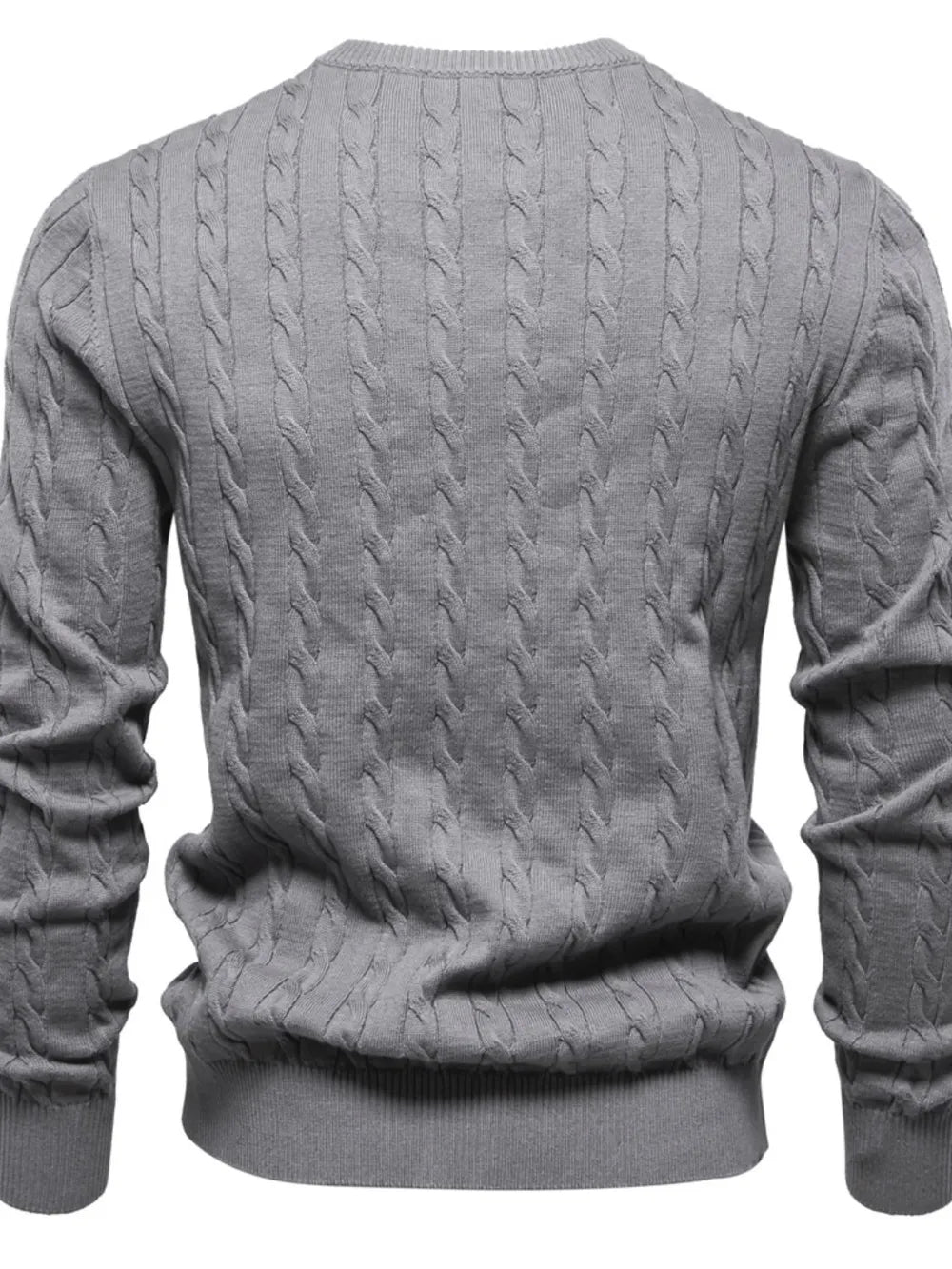 Gray cable knit crewneck sweater with ribbed cuffs and hem