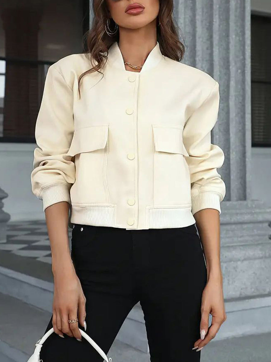 Cream utility pocket bomber jacket with button front and ribbed cuffs.
