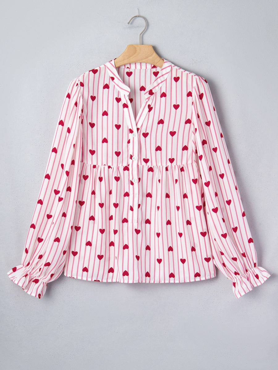 Blush pink maternity blouse with red hearts and stripes, button front, flounce sleeves.
