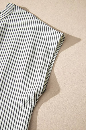 Chic striped ruffle maxi dress with cap sleeves and button-down detail.