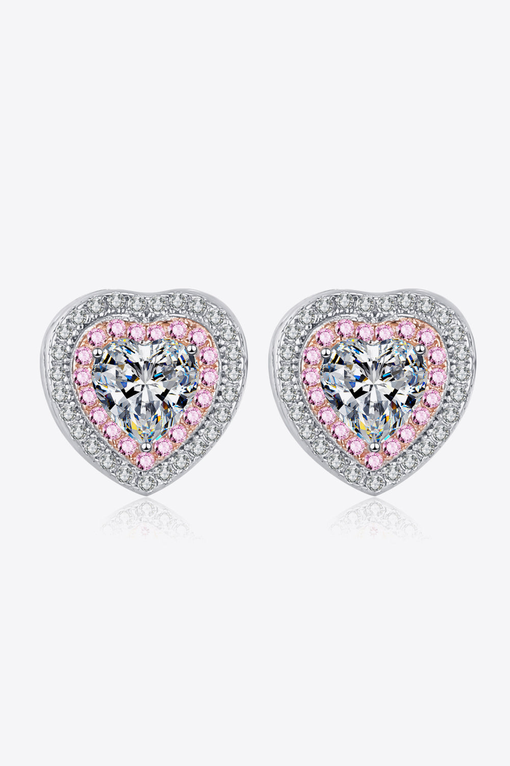 Silver heart halo stud earrings with clear and pink accents