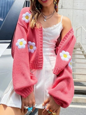 coral pink cardigan with floral and open-front