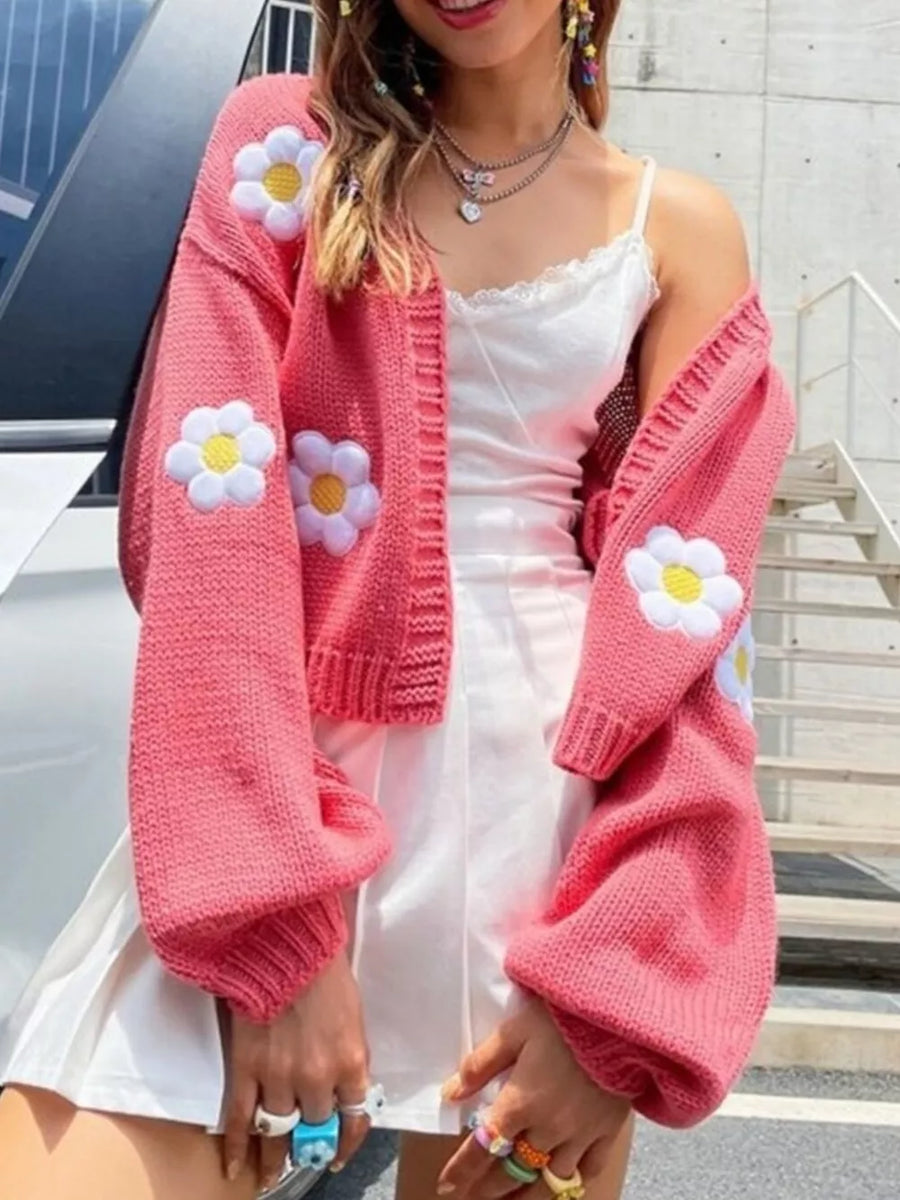 coral pink cardigan with floral and open-front