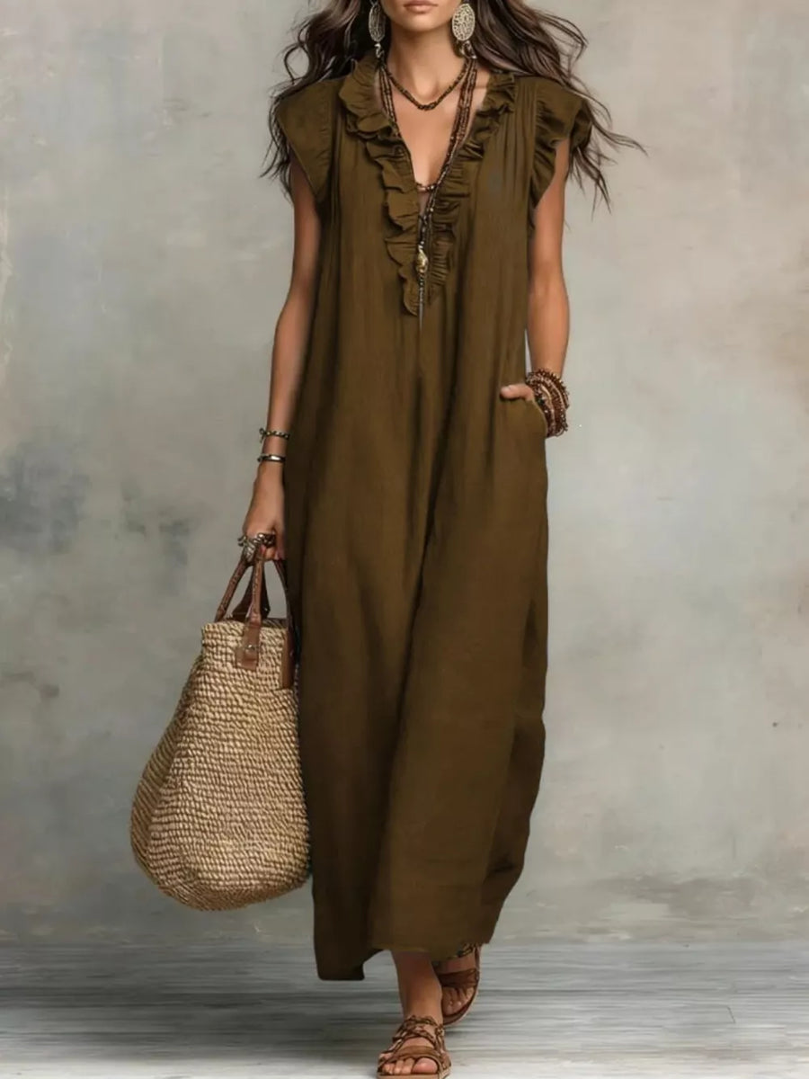 Burgundy Ruffled V-neck Maxi Dress