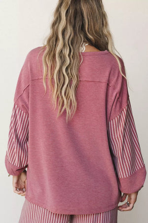 Cerise with Edge Patchwork Long Sleeve Top & Casual Pants Set