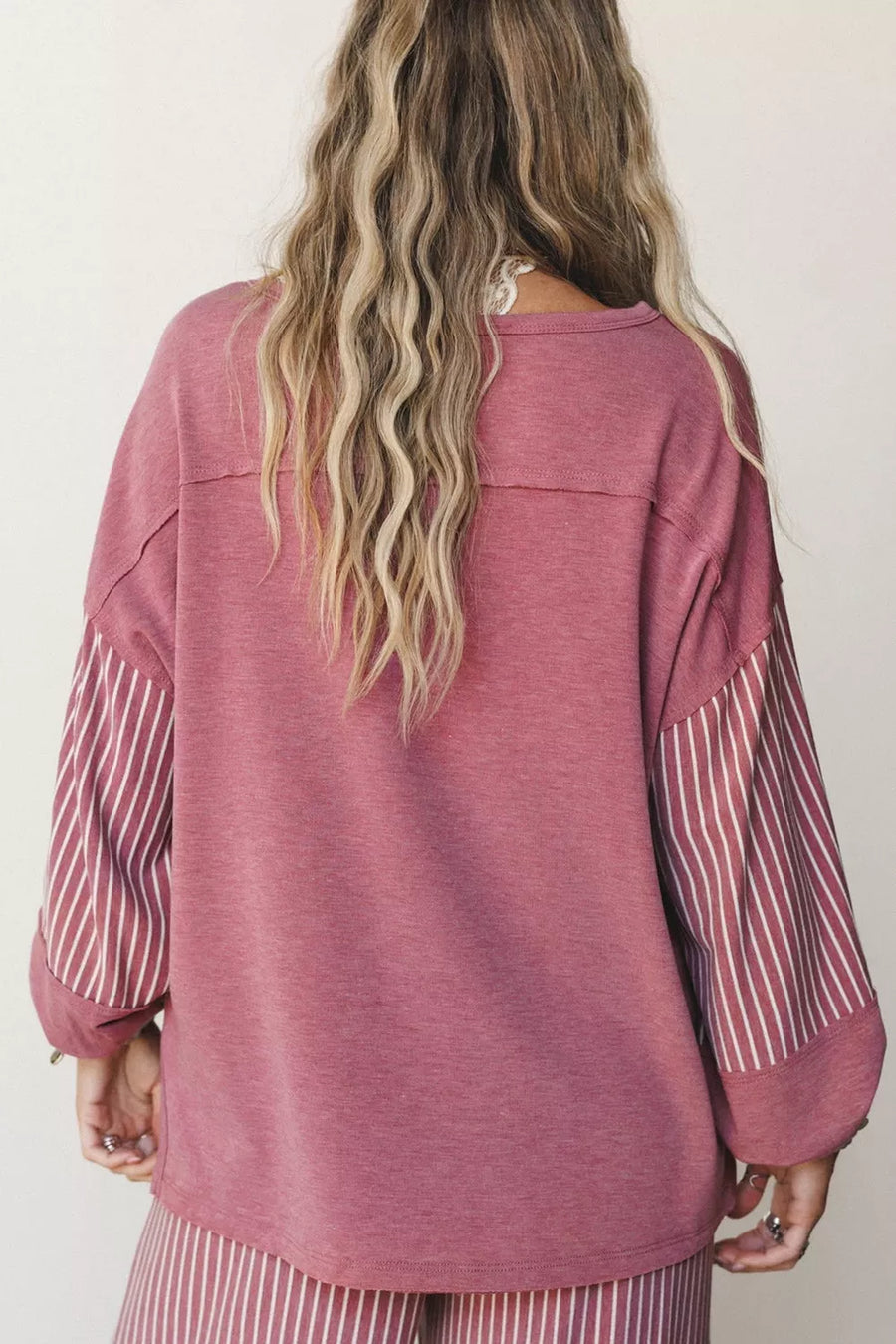 Cerise with Edge Patchwork Long Sleeve Top & Casual Pants Set