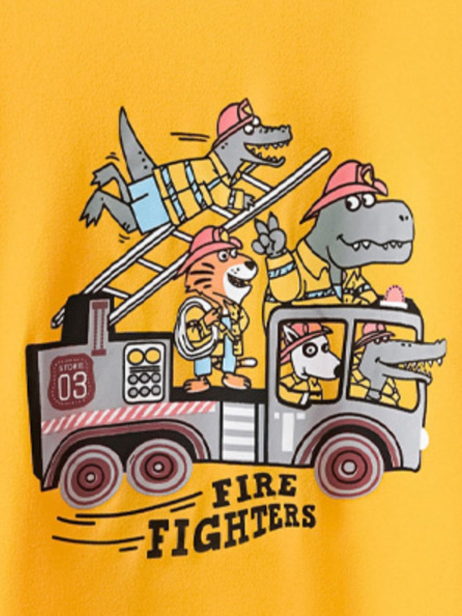 Toddler yellow crew neck t-shirt with cartoon firefighter animals on a fire truck graphic.