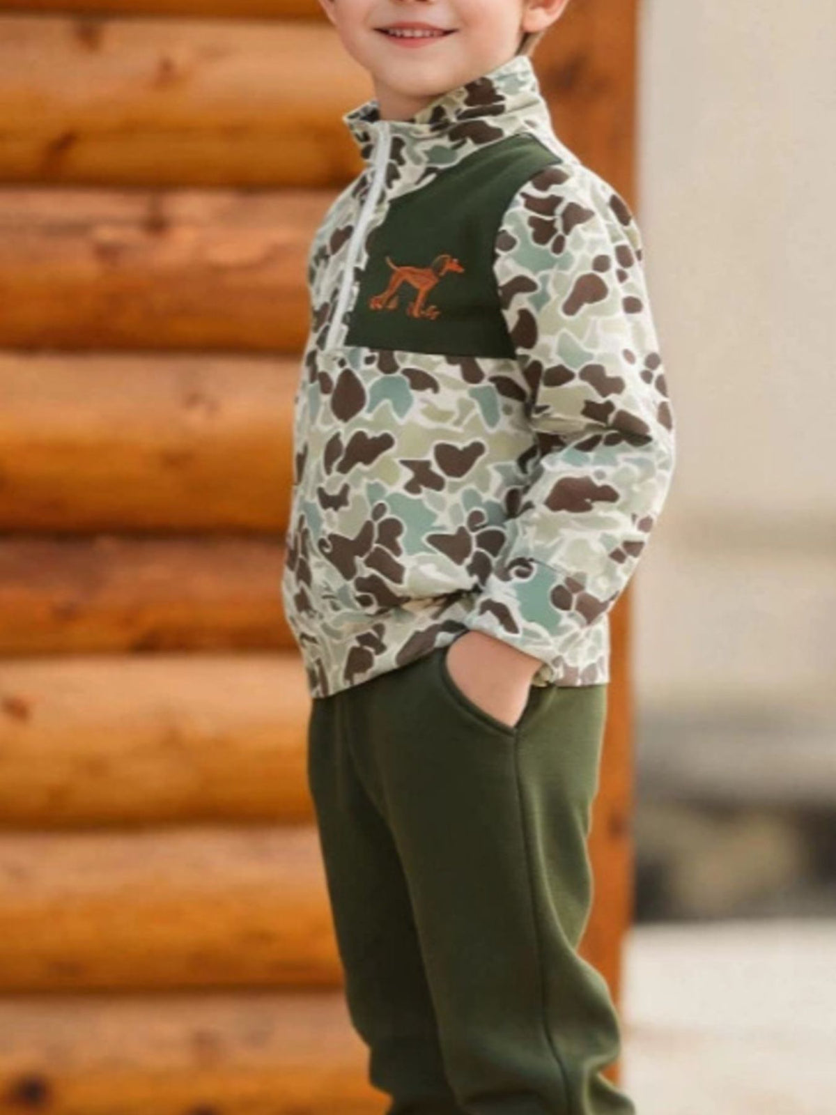 Khaki Color two-piece set with hip-length, full-length and quarter-zip, drawstring, elastic