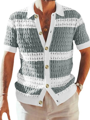 Striped crochet polo shirt in gray and white with short sleeves and a button-up front.