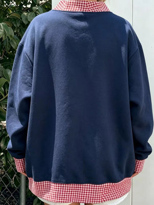 Polka Dot Contrast Trim Sweatshirt in navy blue with dropped shoulder