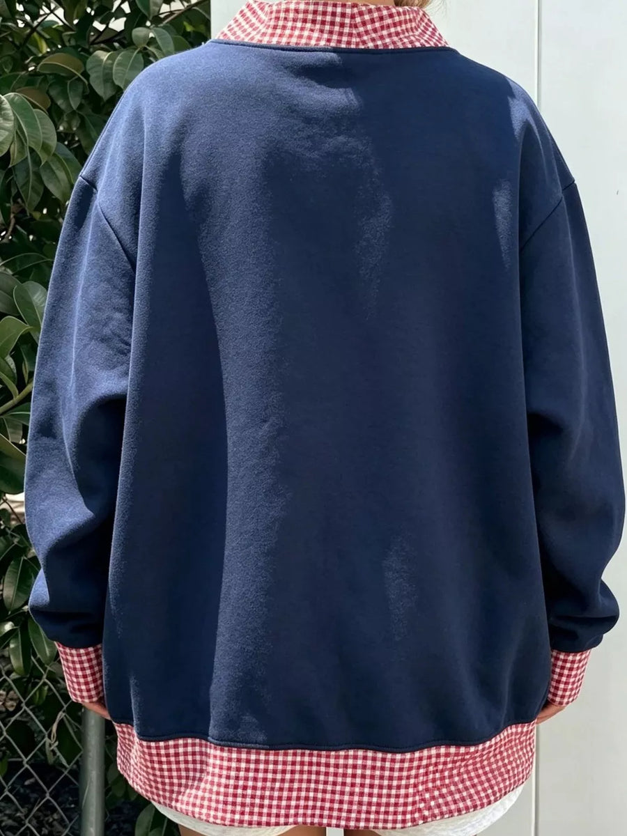 Polka Dot Contrast Trim Sweatshirt in navy blue with dropped shoulder