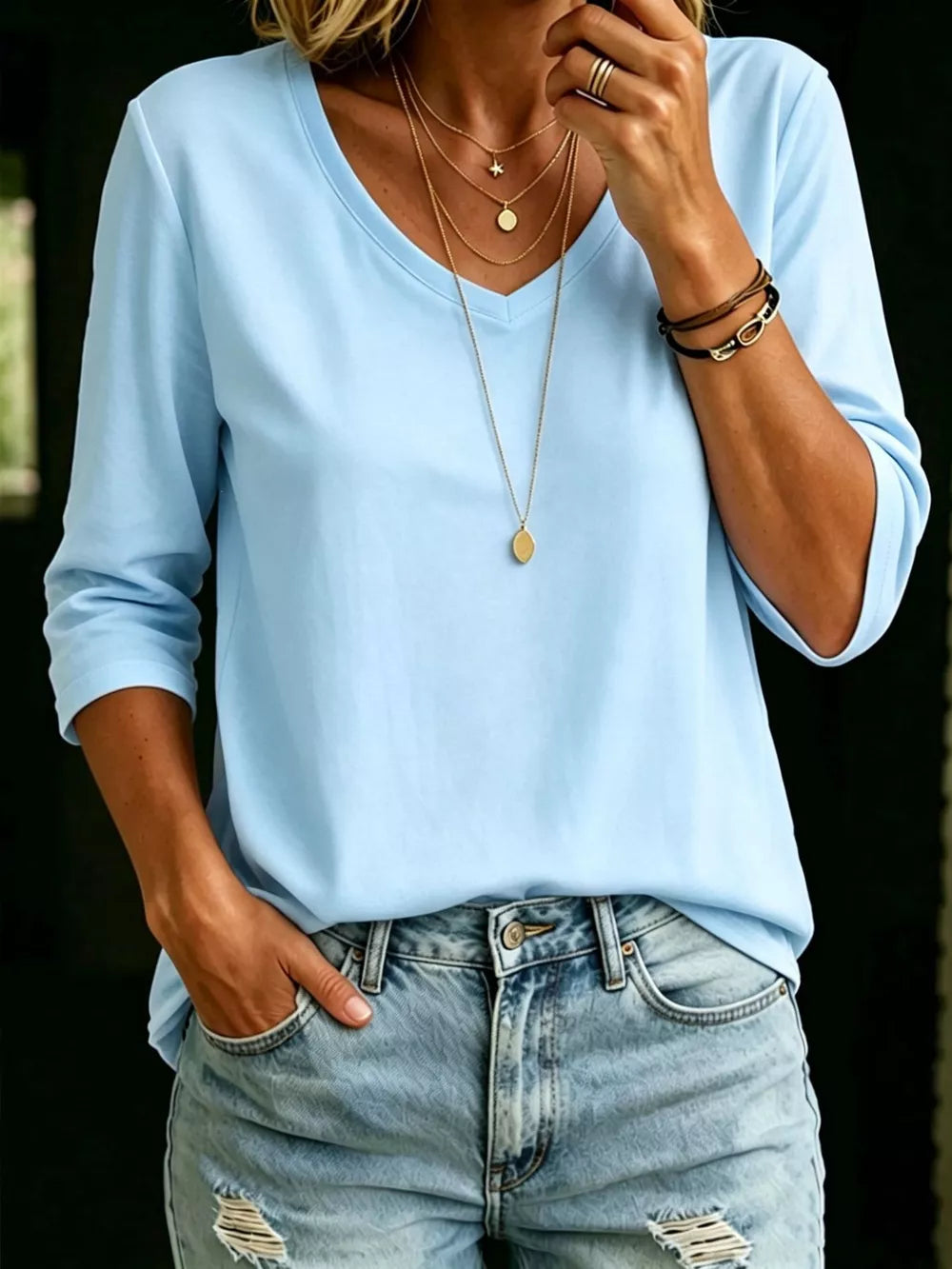 Full Size V-neck 3/4 Sleeve T-shirt Plus Size, view 17