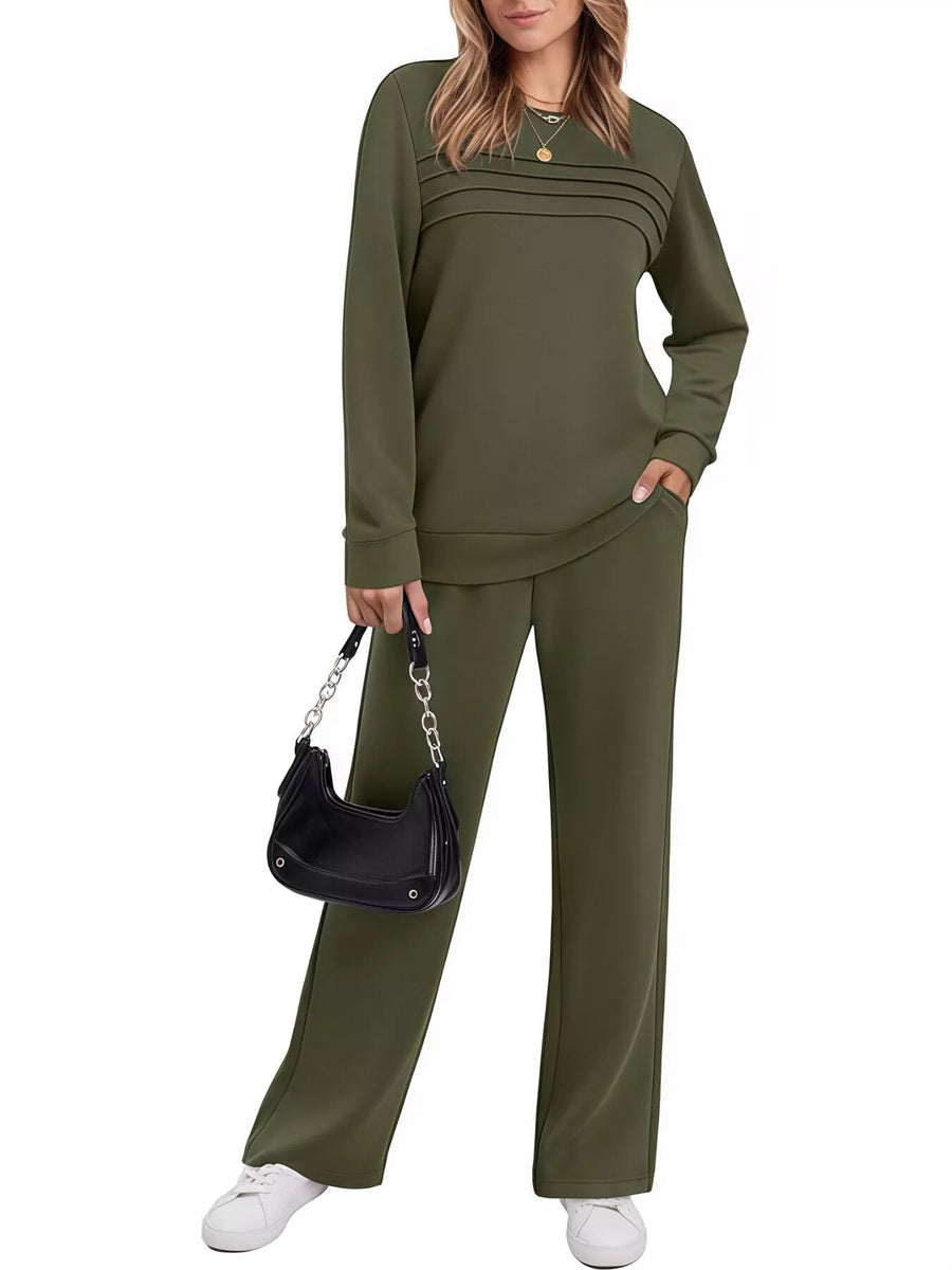 Army green casual long-sleeve top and pants set with subtle stripe detail on chest.