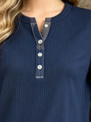 Blue henley with hip-length and half-button
