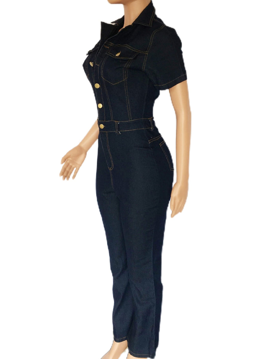 Cotton content is greater than 70% and up to 80% jumpsuit in Dark Blue with fitted silhouette