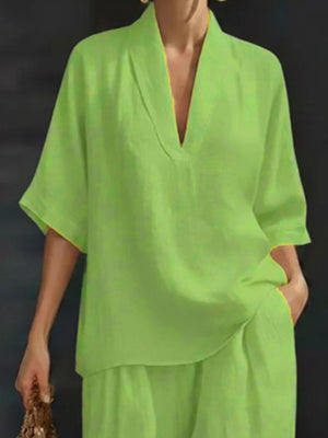 Lime green v-neck top with short sleeves