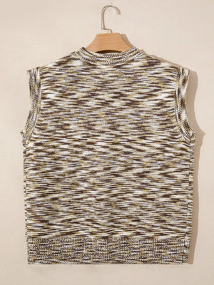 Horseshoe Knit Sweater Vest in brown, white, and green marled acrylic with mock neck.