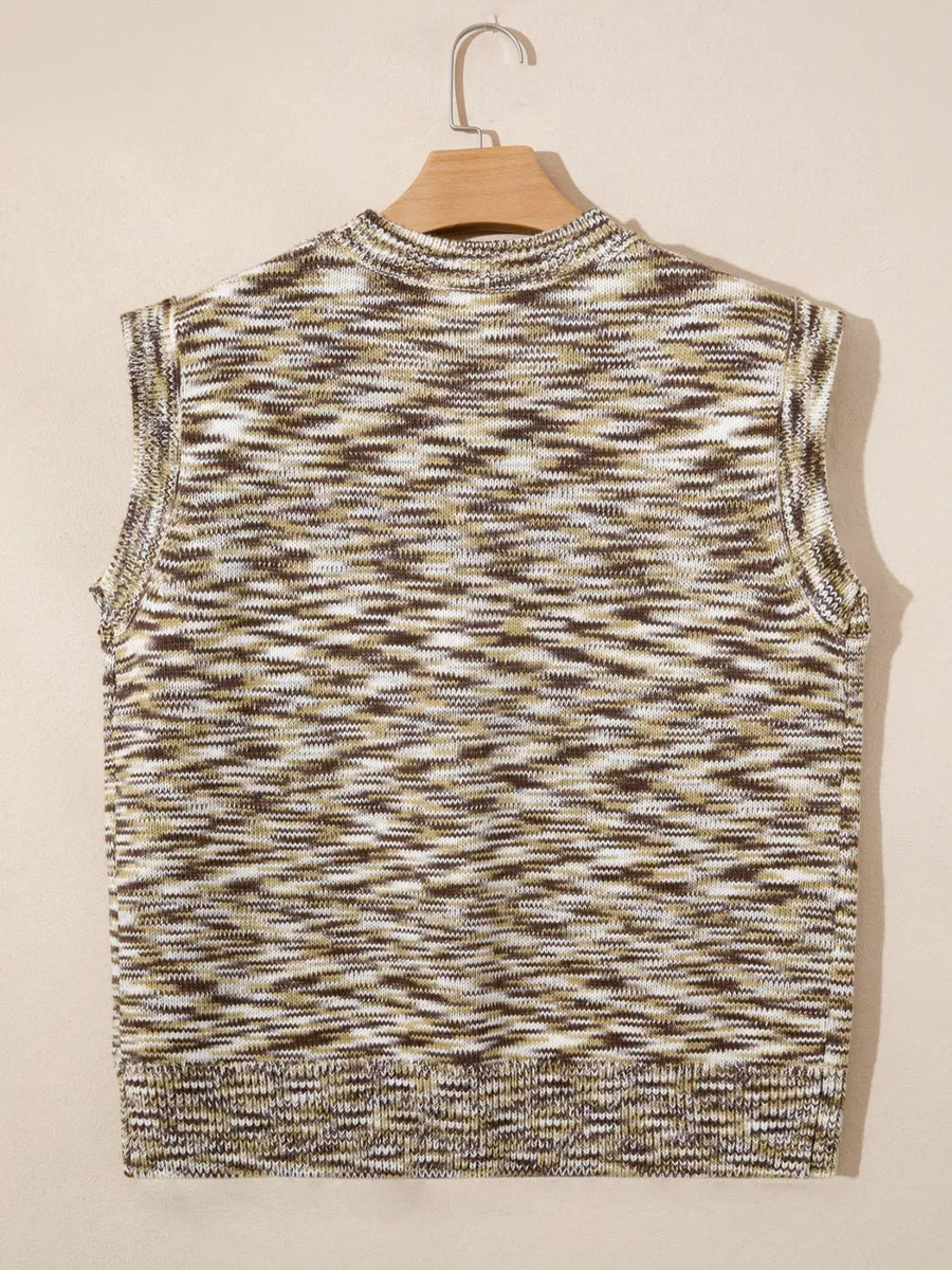 Horseshoe Knit Sweater Vest in brown, white, and green marled acrylic with mock neck.