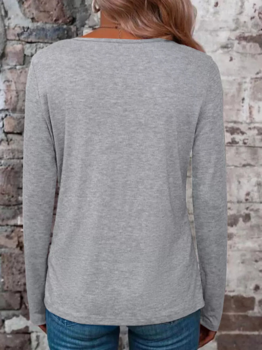 Black Gray Crisscross V-neck Long Sleeve T-shirt