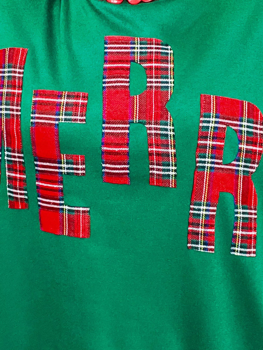 Green sweatshirt with red plaid letter graphic detail