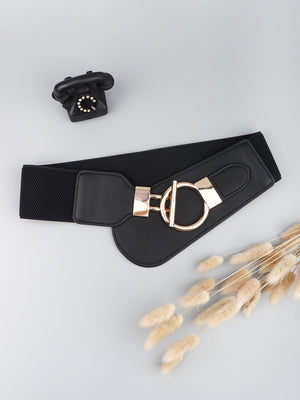 Black elastic belt with gold D-ring buckle and faux leather accents