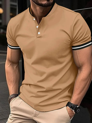 Camel mandarin collar polo shirt with contrast trim on sleeves and neckline.