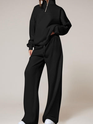 Half-Zip Sweatshirt And Wide-Leg Sweatpants Set in Black with drawstring