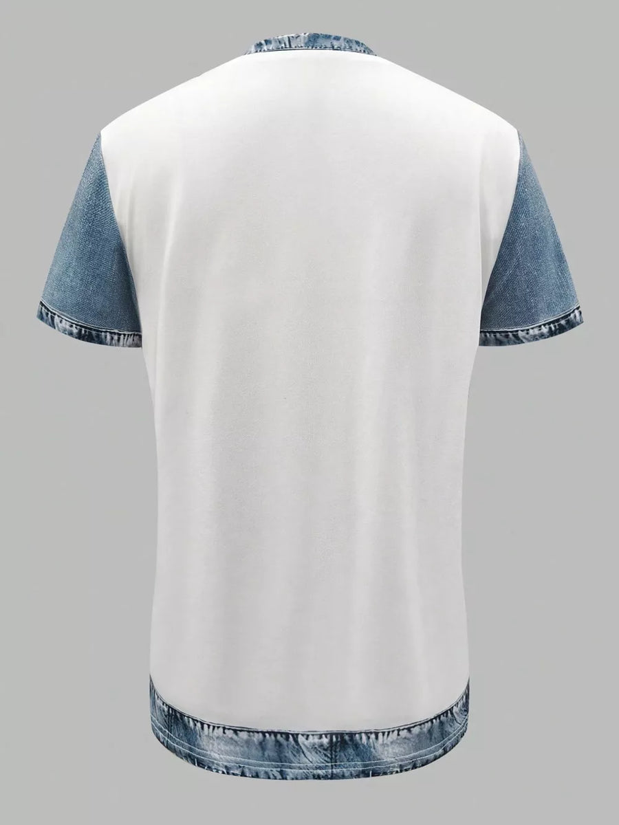White short sleeve shirt with light blue denim patchwork sleeves and hem.